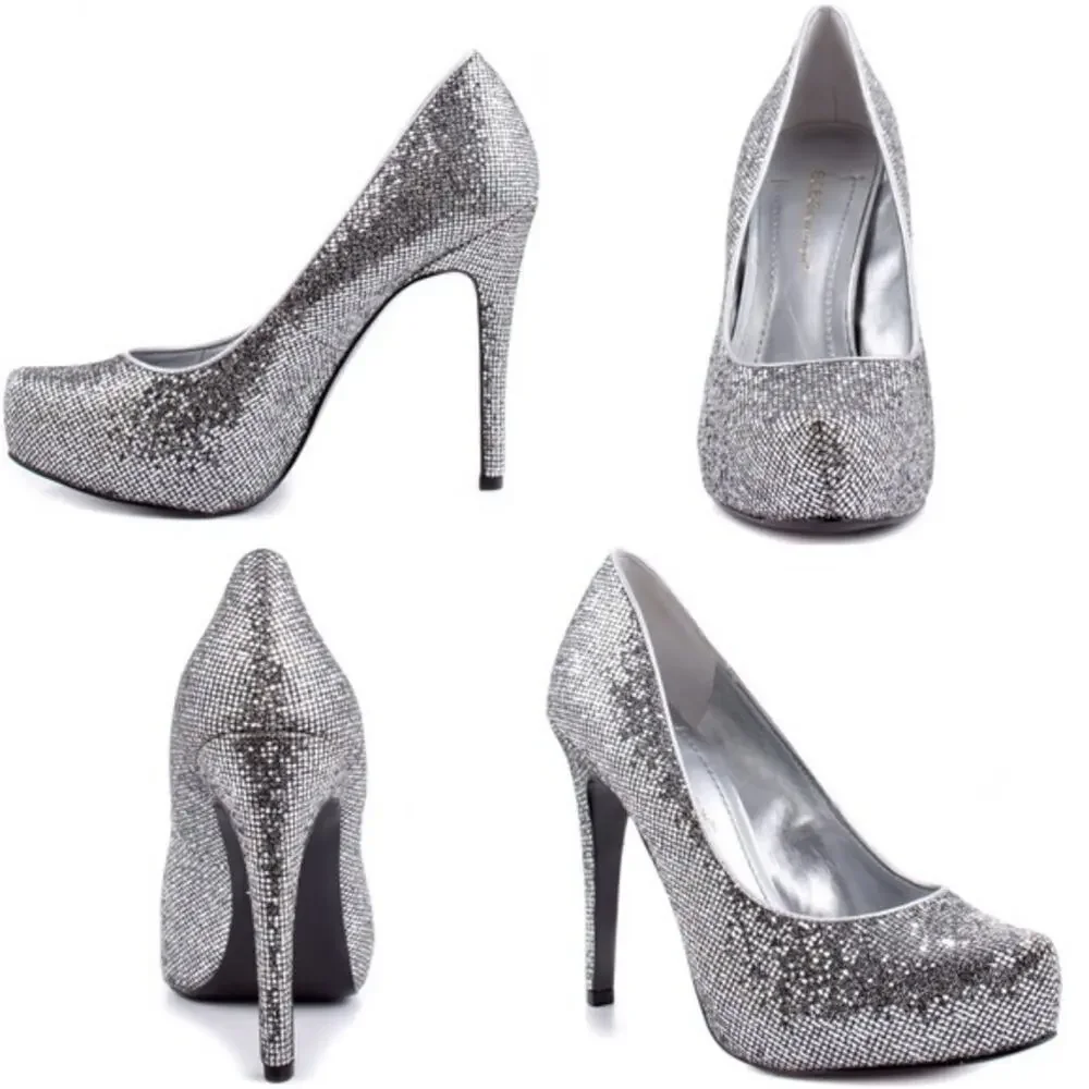 BCBG Silver/Candie Glitter Parade Platform Heels